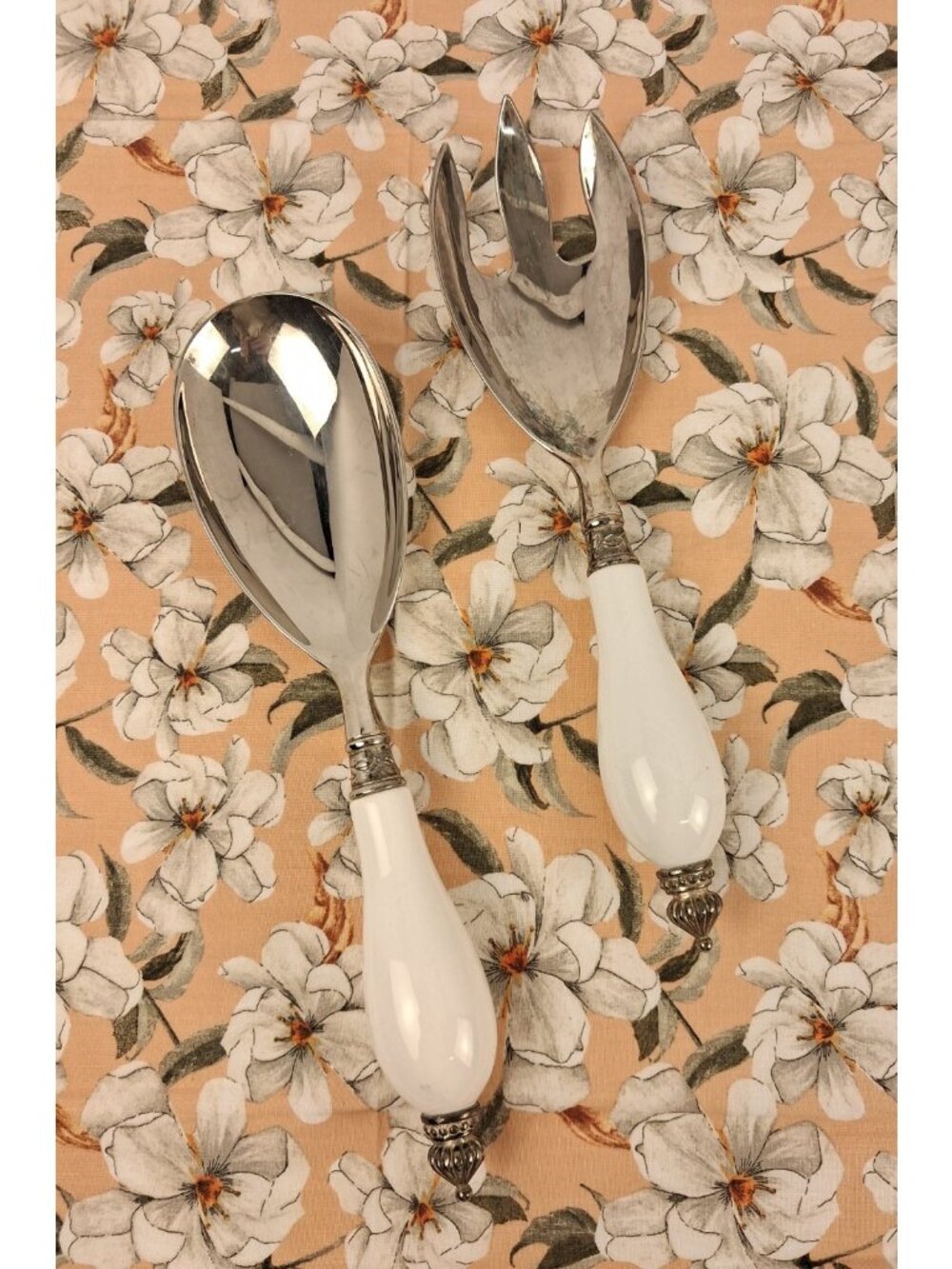 VTG GODINGER Silverplated White Porcelain Handle Spoon Fork Server Set 10.75" L - Picture 7 of 9